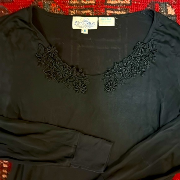 Vintage 90’s Winter Silks 100% silk black lace floral embroidered long sleeve - Picture 2 of 5